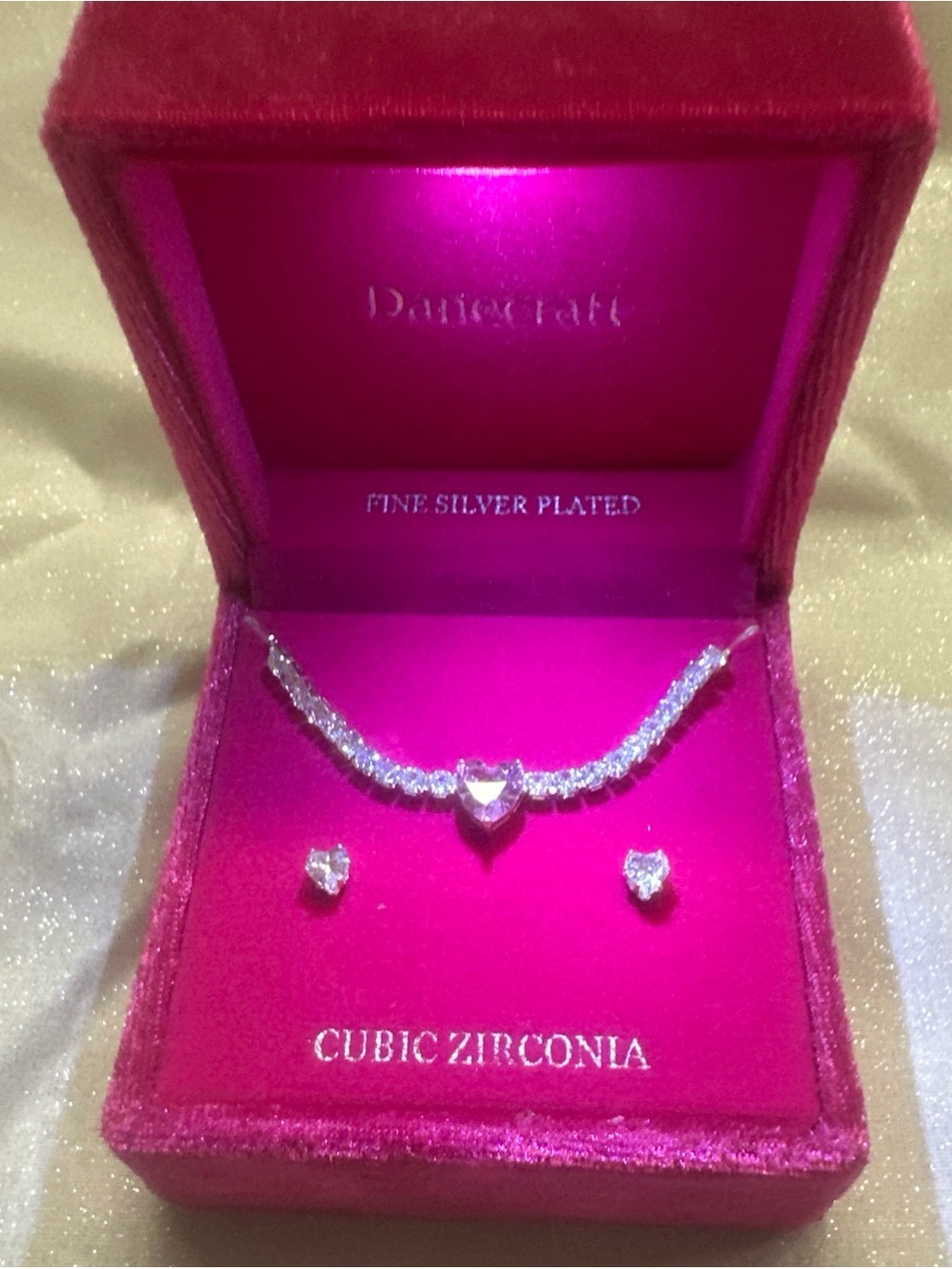 Silver-Plated Heart Cubic Zirconia Necklace & Stud Earrings - Pink Presentation